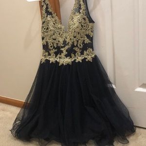 Navy blue dress with gold accents